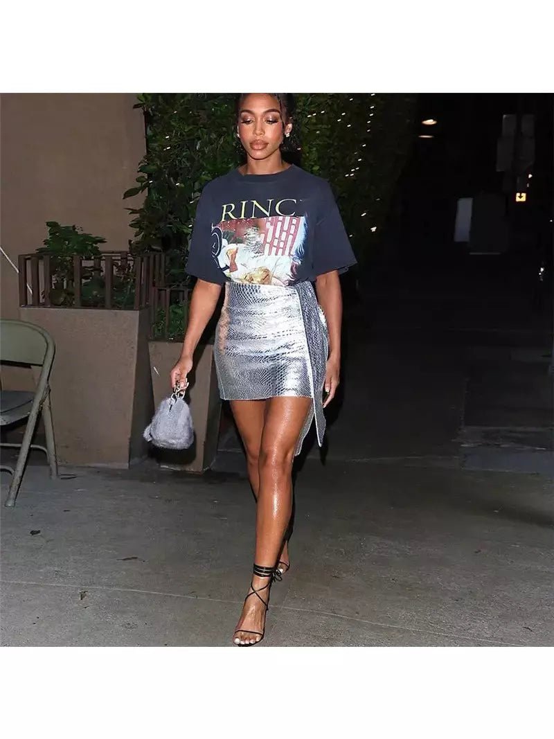 HIGH WAISTED METALLIC SKIRT - STYLED CELEBS